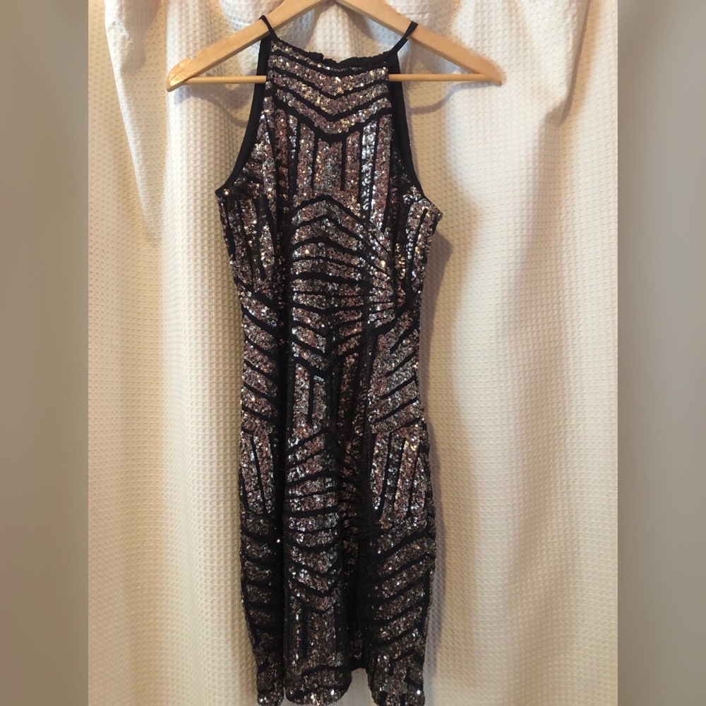 Le Chateau Black & Gold Sequin Party Dress